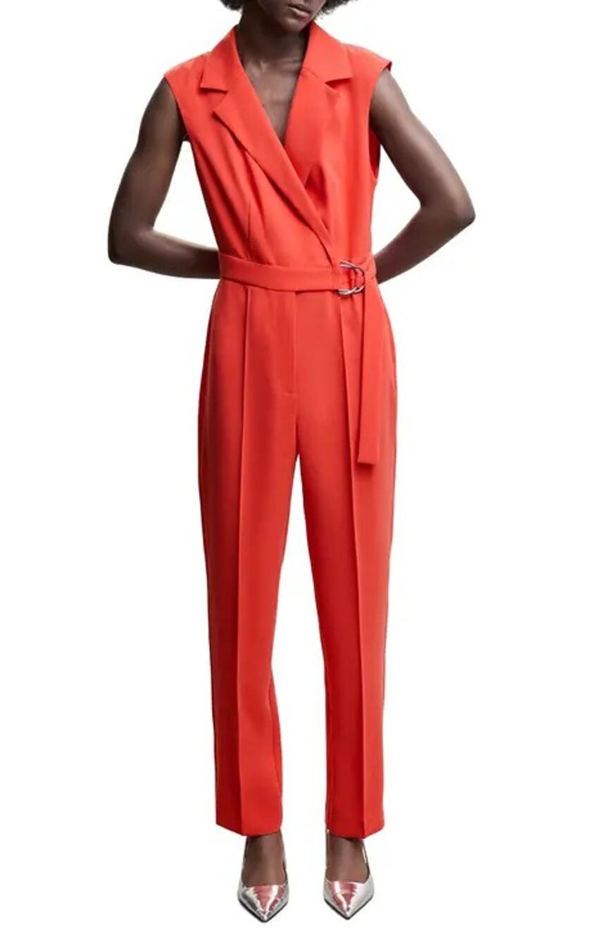 NWT MANGO Red - Coral Belt Wrap Jumpsuit Sleeveless Notched Lapel Size XS